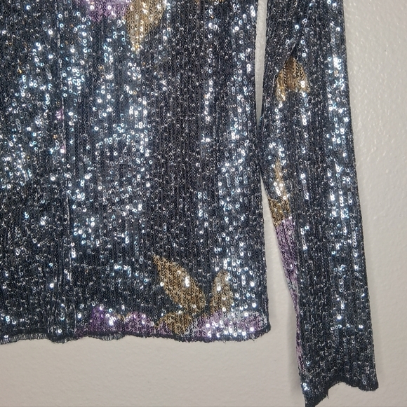 Free People Intimately Gold Rush Black Purple Long Sleeve Floral Sequin Size M - Picture 13 of 16